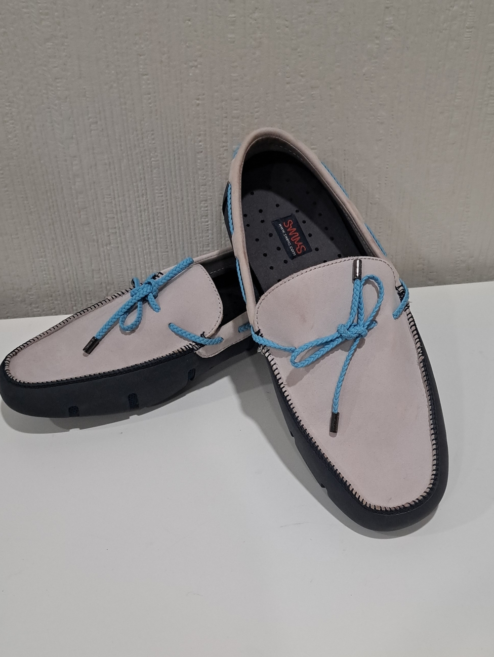 Swims Men’s Light Gray And Blue Loafers / Water Shoes with Sky Blue Laces